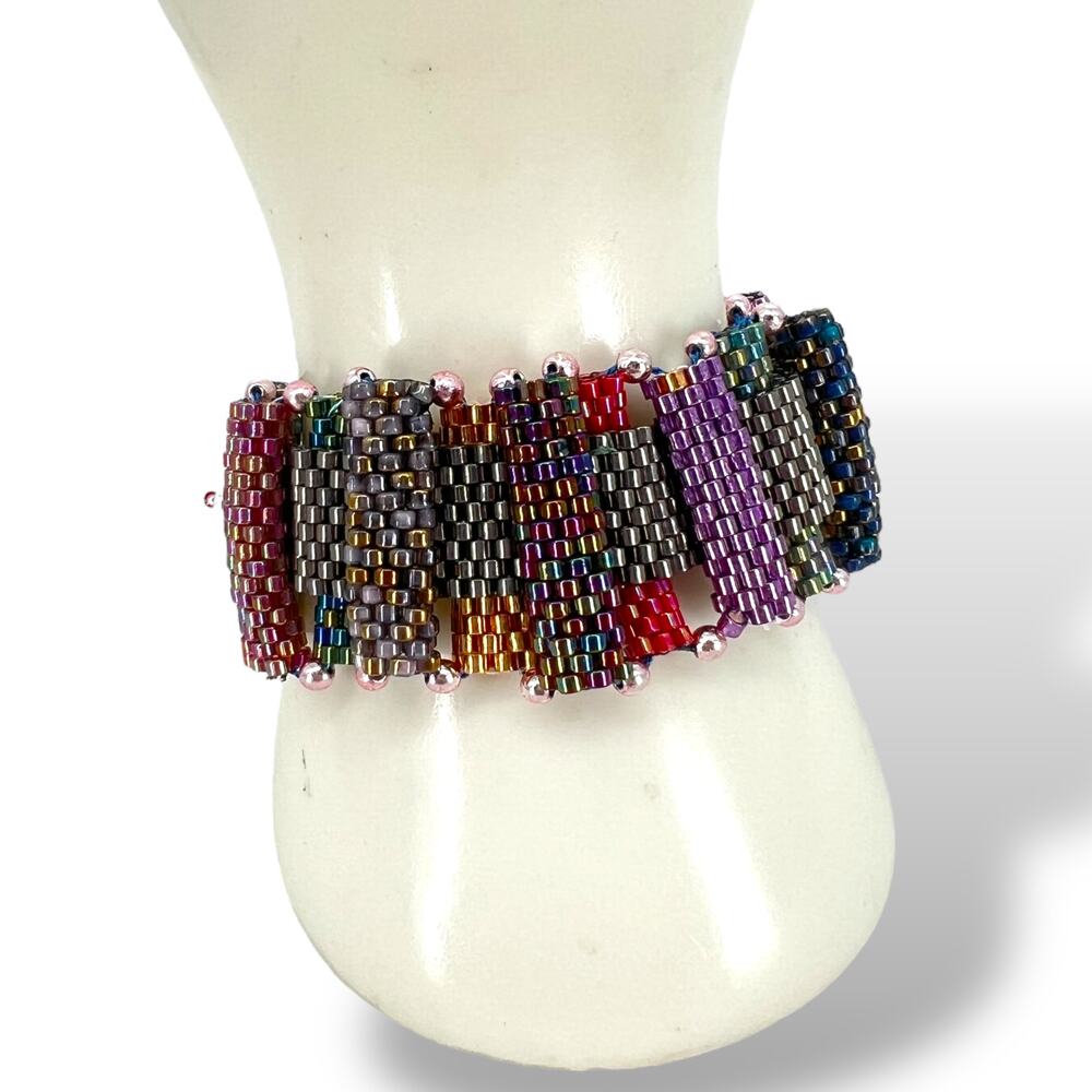 HANDMADE Woven Tubes Bracelet  .925  7"   Chunky Metallic  Bohemian OOAK
